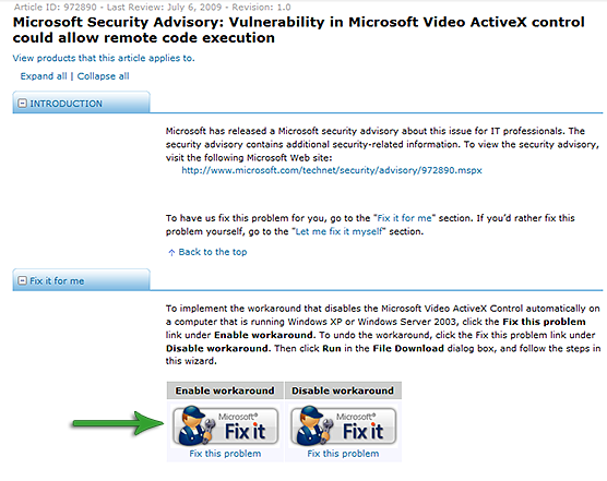 Microsoft Advisory Page