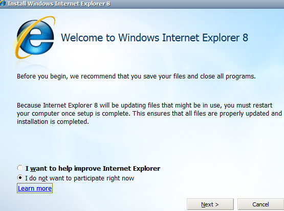 Internet Explorer 8 installation