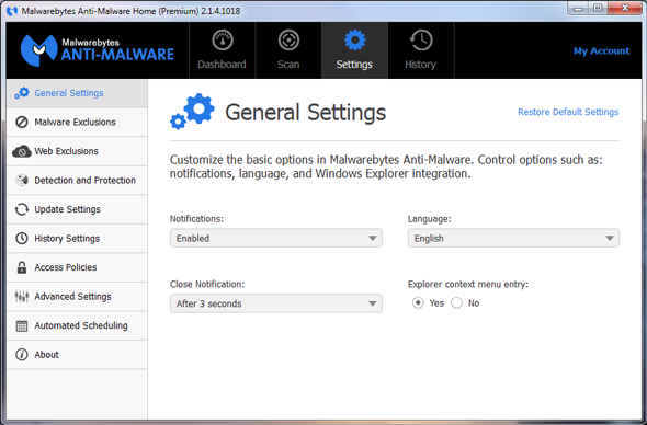 Malwarebytes Anti-Malware 2.1.4 settings